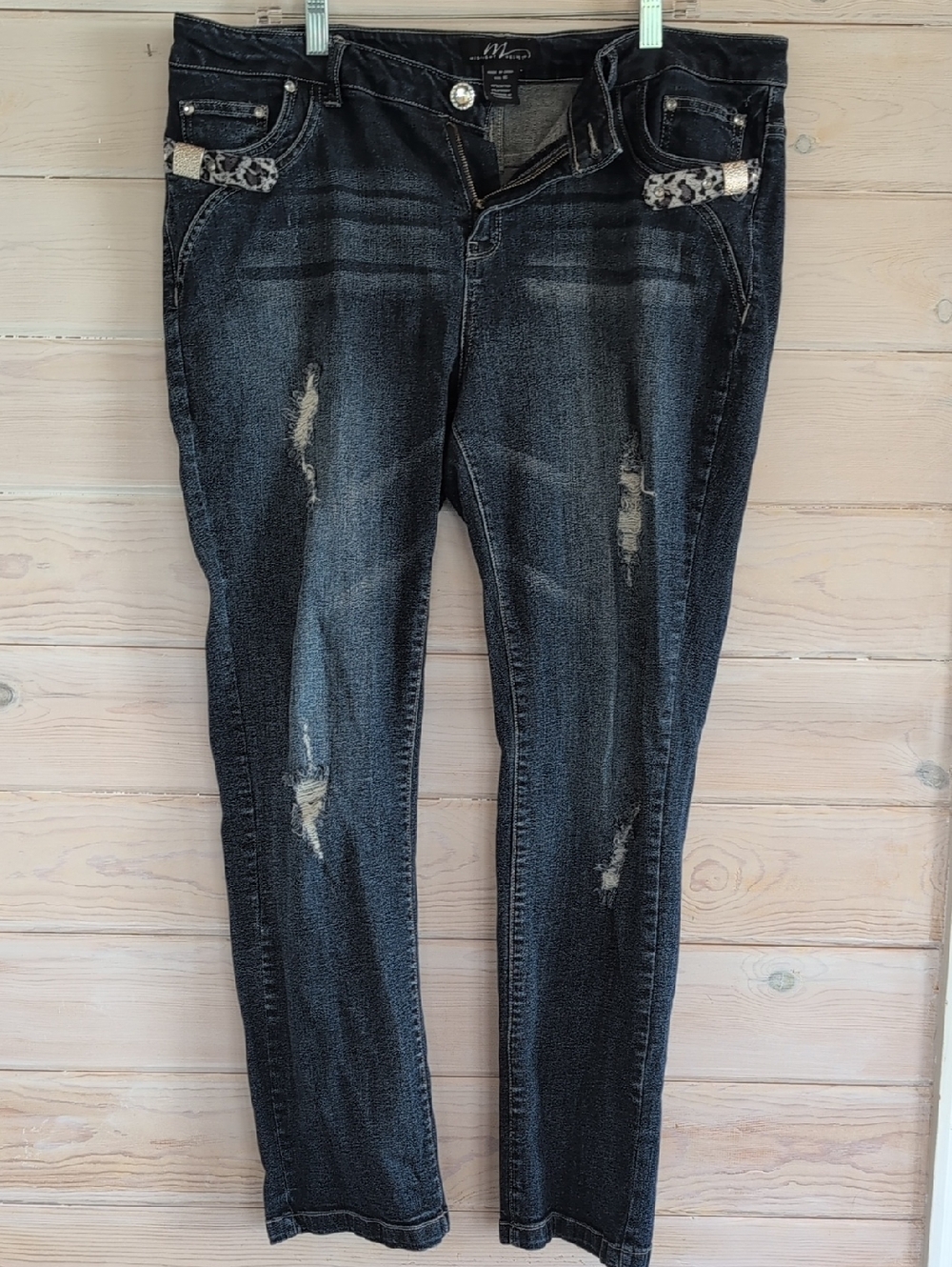 Midnight Velvet Distressed Jeans, Edgy Snake-Print Loops & Rhinestone Accents